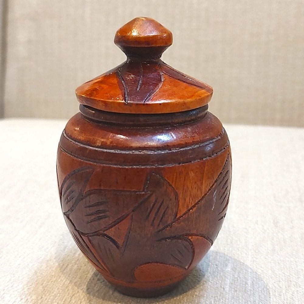 Vintage Small 2-Toned Carved Wood Floral Lidded Jar